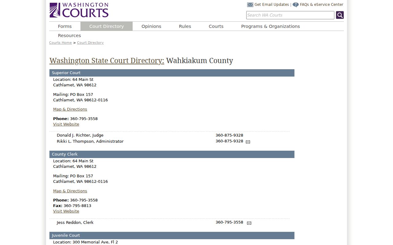 Wahkiakum County court docket directory and court contacts