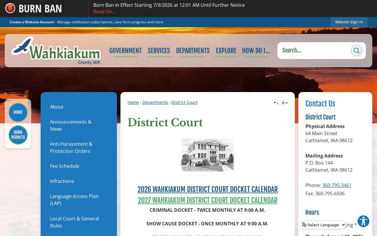 Wahkiakum County court calendar schedule and contact information