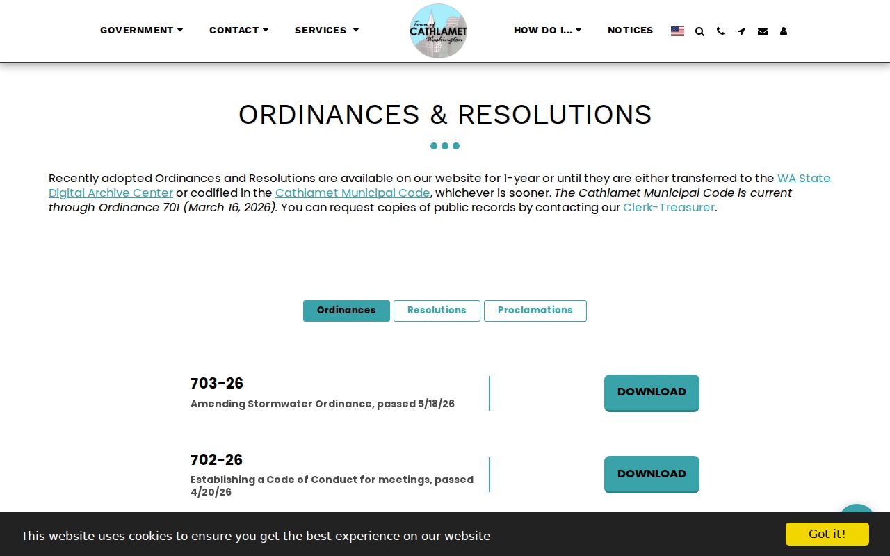 Cathlamet court records and town ordinance access page