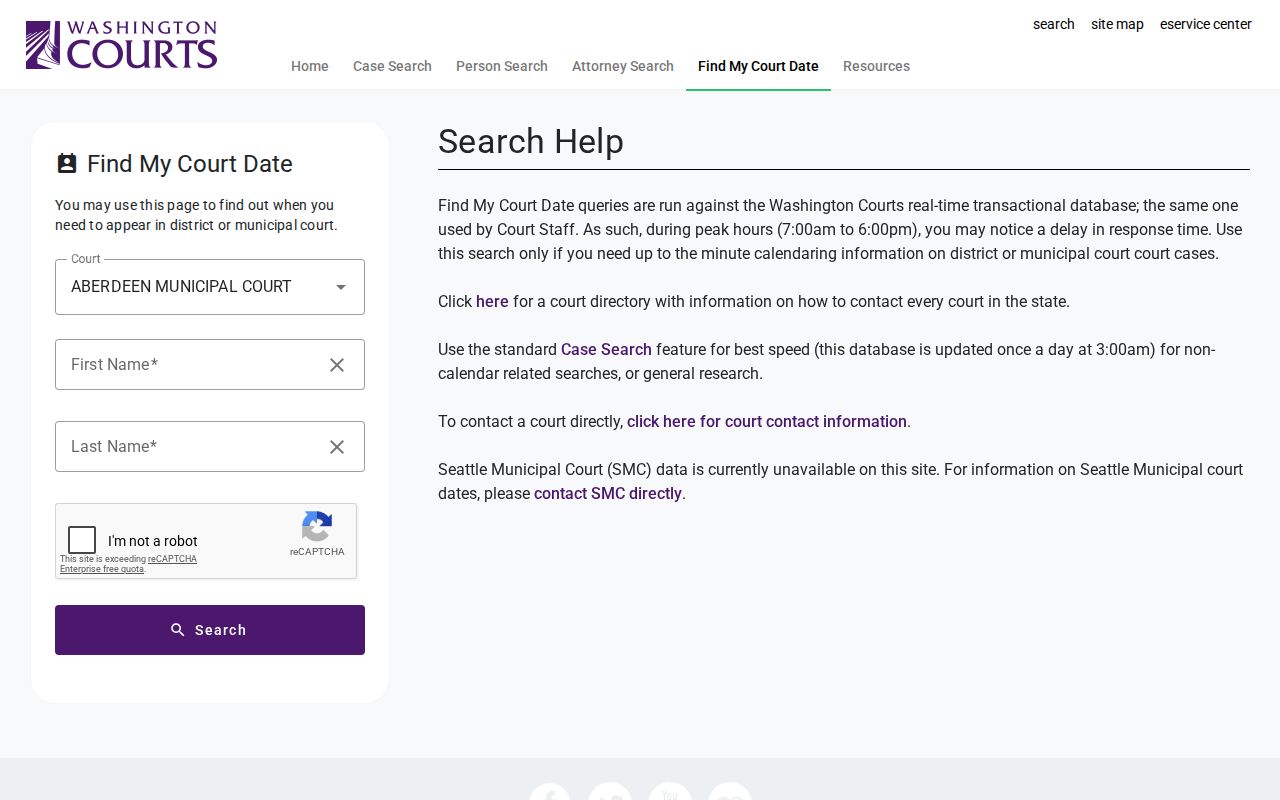 Wahkiakum County court dates search fields in Find My Court Date