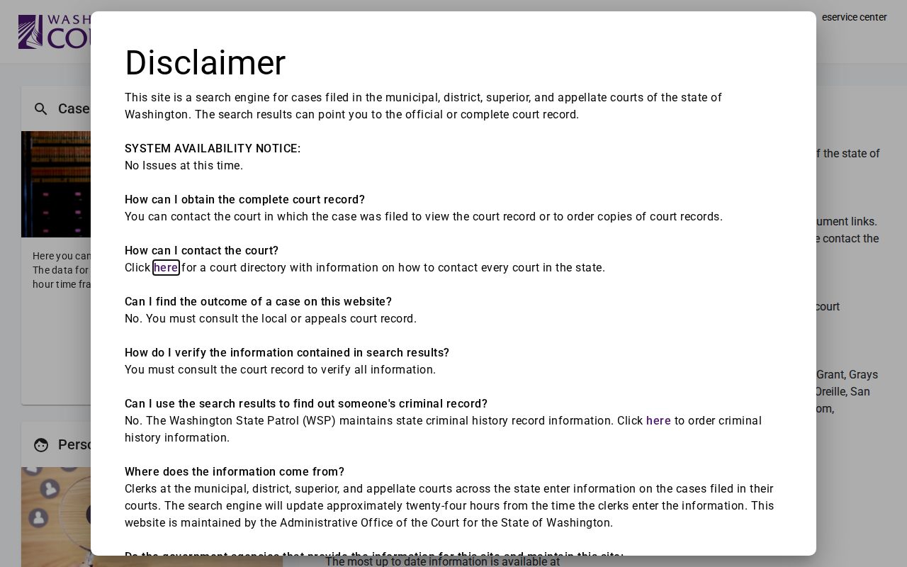 Wahkiakum County case search choices and statewide record disclaimer