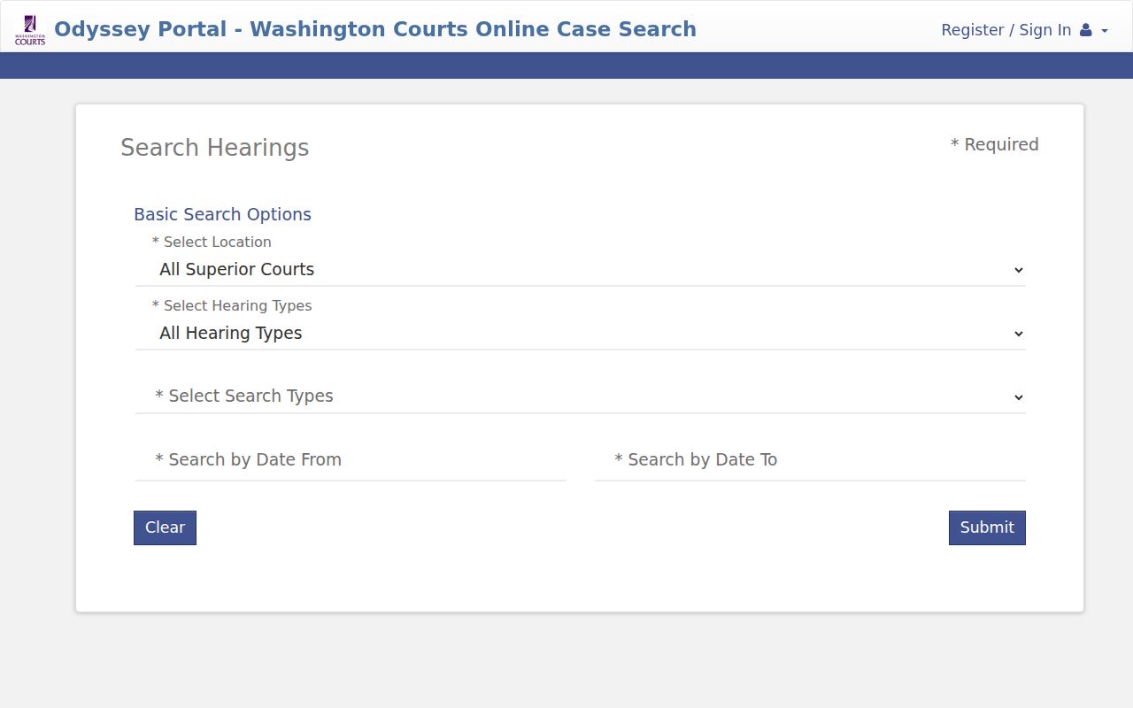 Wahkiakum County court calendar hearing search fields in Odyssey